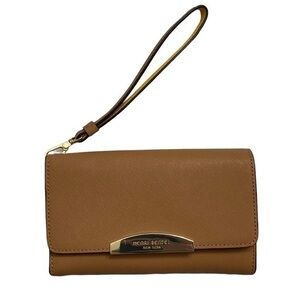 Henry bendel brown saffiano leather wristlet bag